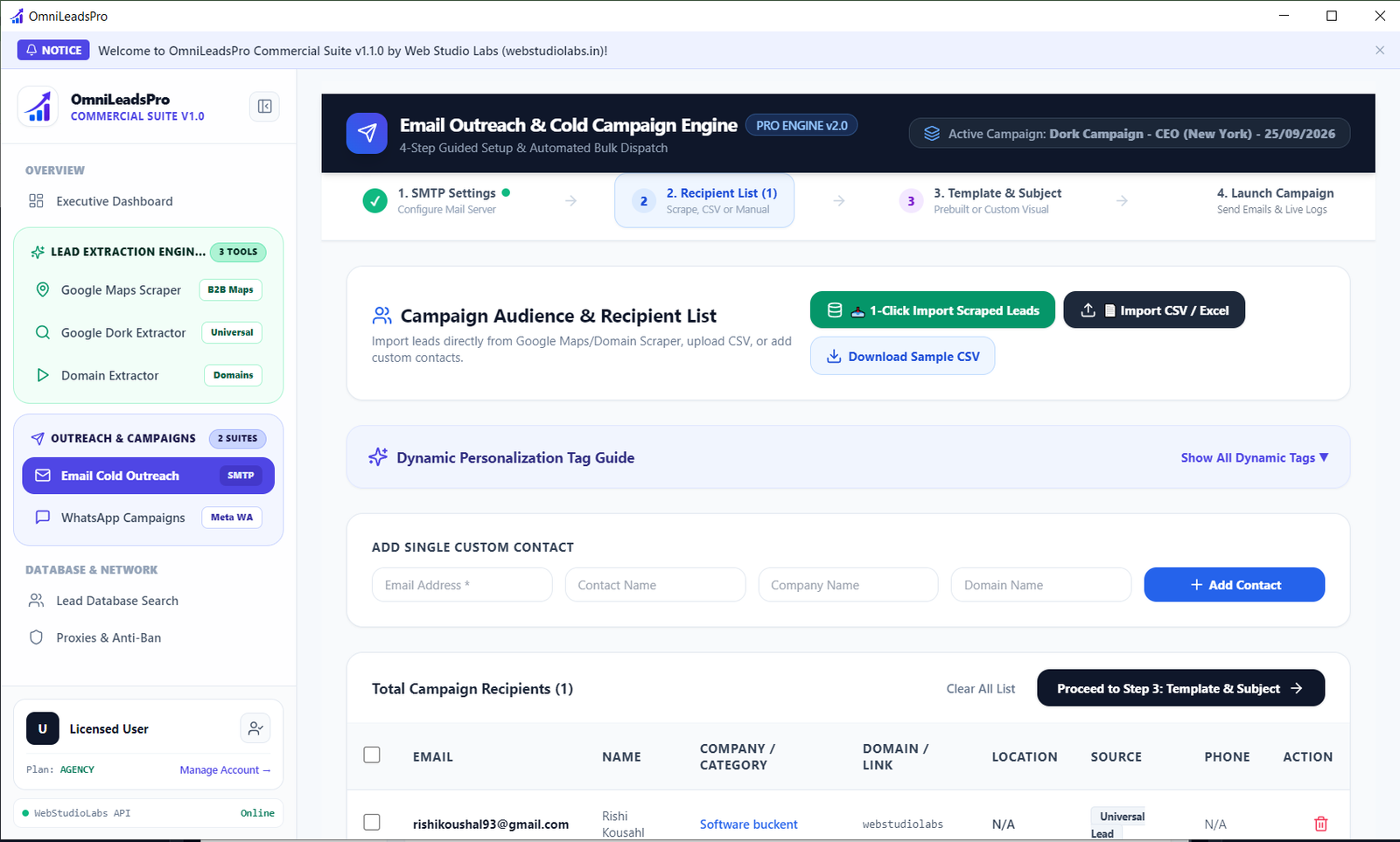 OmniLeadsPro Email Outreach Interface