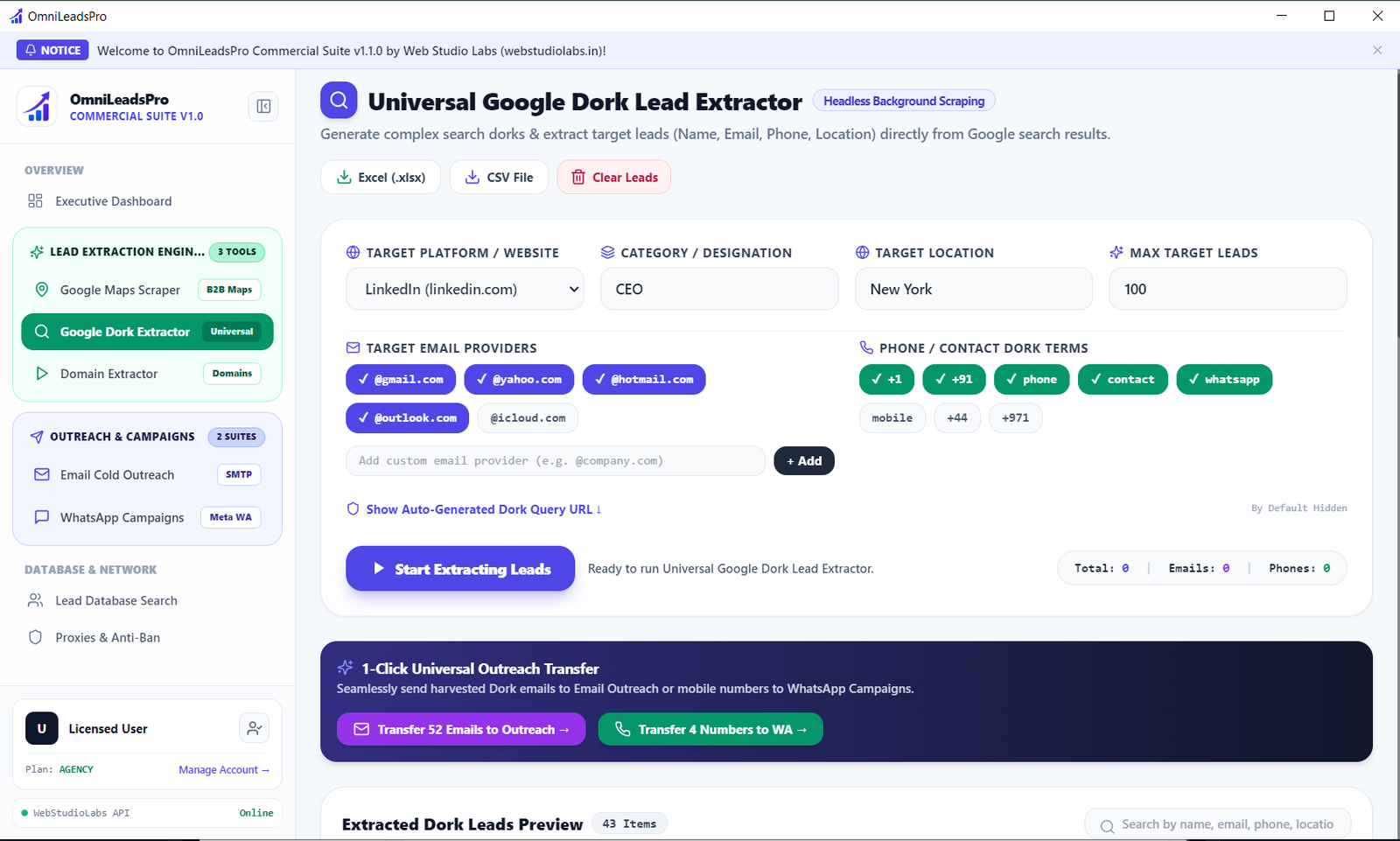 OmniLeadsPro Google Dork Extractor Interface