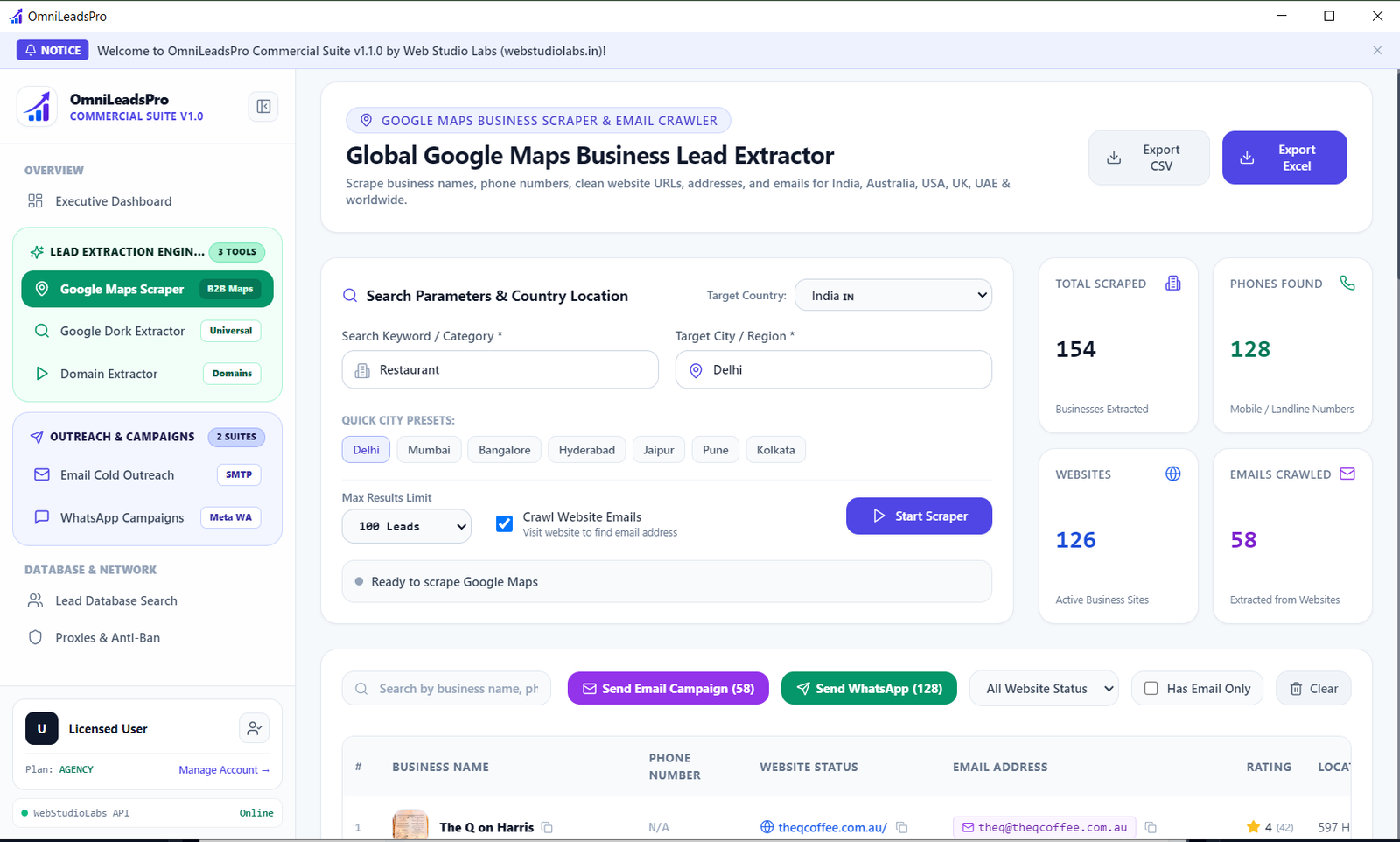 OmniLeadsPro Google Maps Scraper Interface