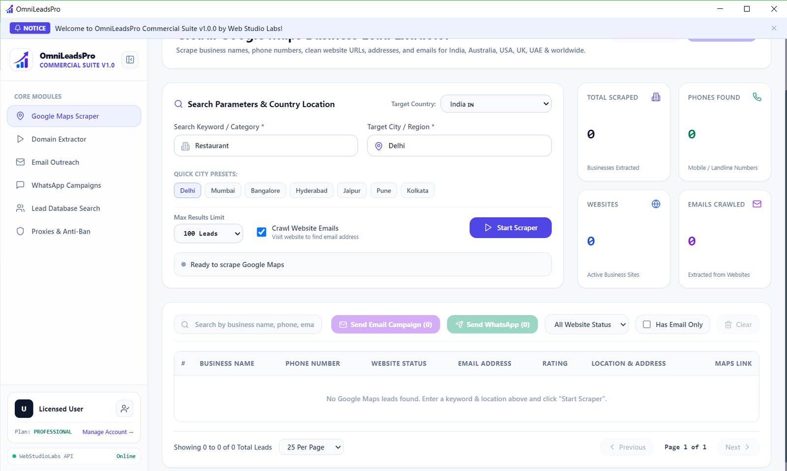 OmniLeadsPro Google Maps Scraper Interface