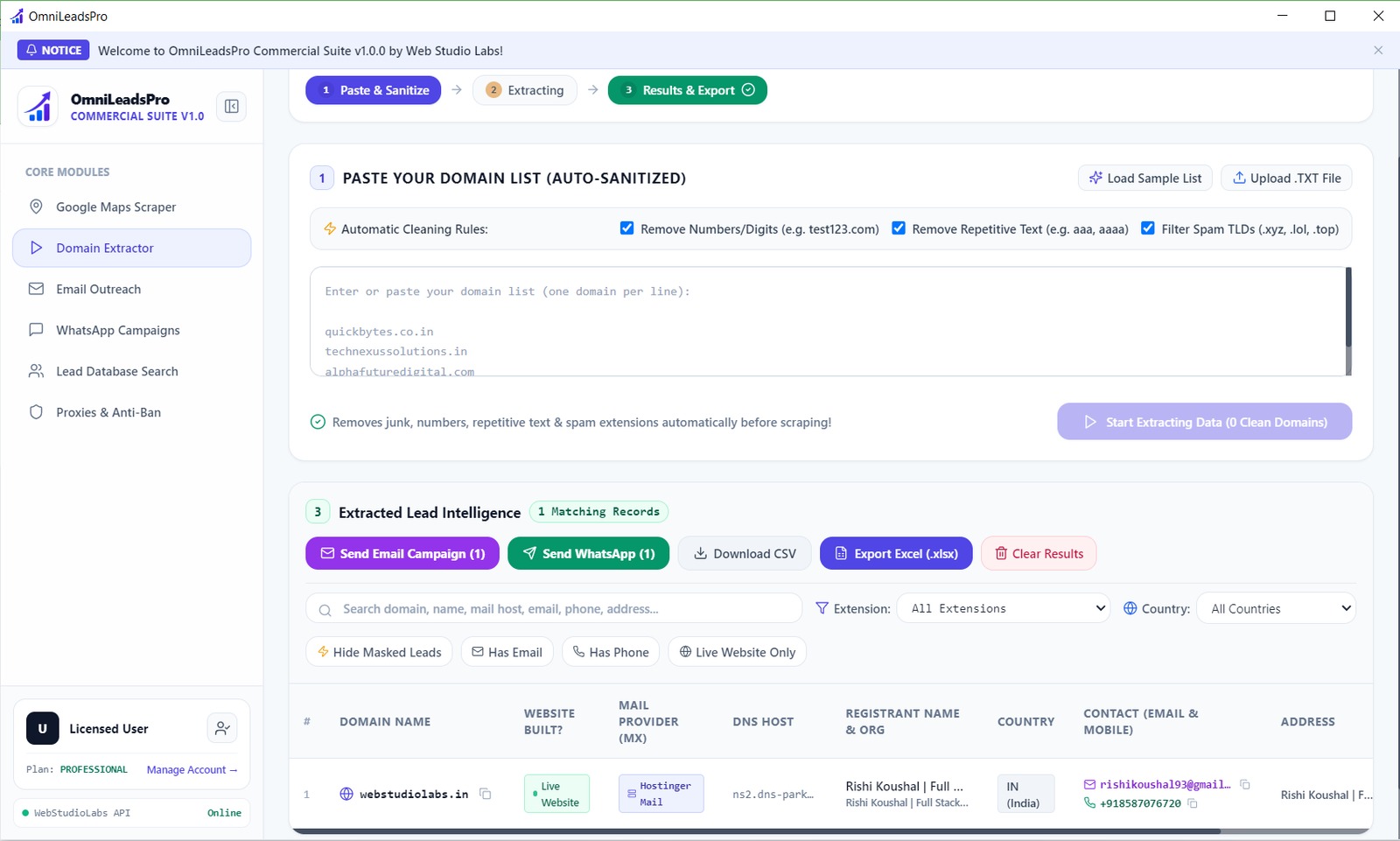 OmniLeadsPro Domain Extractor Interface