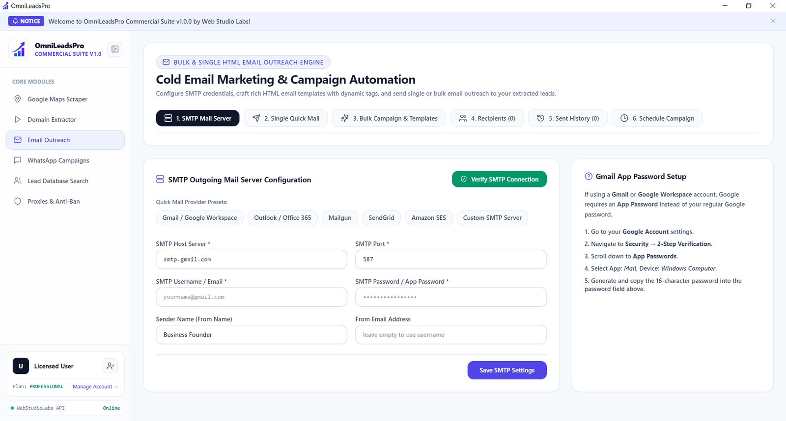 OmniLeadsPro Email Outreach Interface