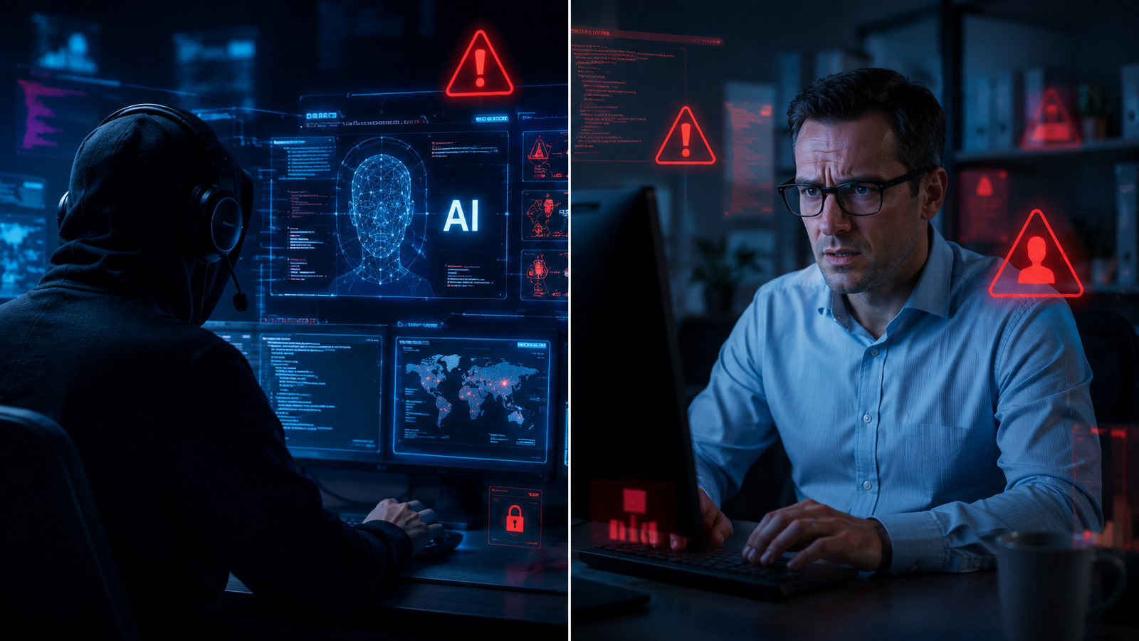 hacker with AI voice cloning interface targeting corporate employee