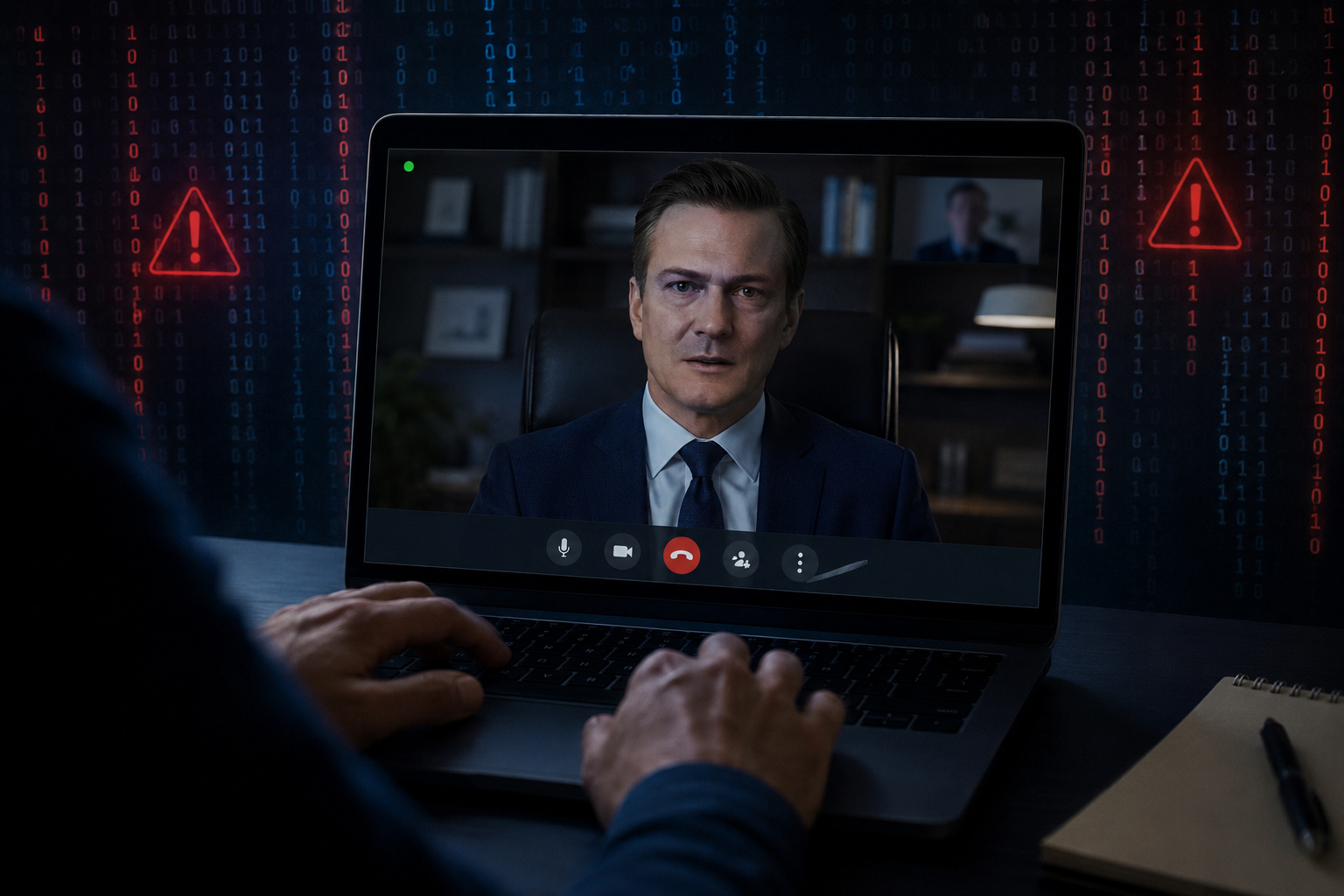 laptop screen showing fake CEO on video call with employee hands typing