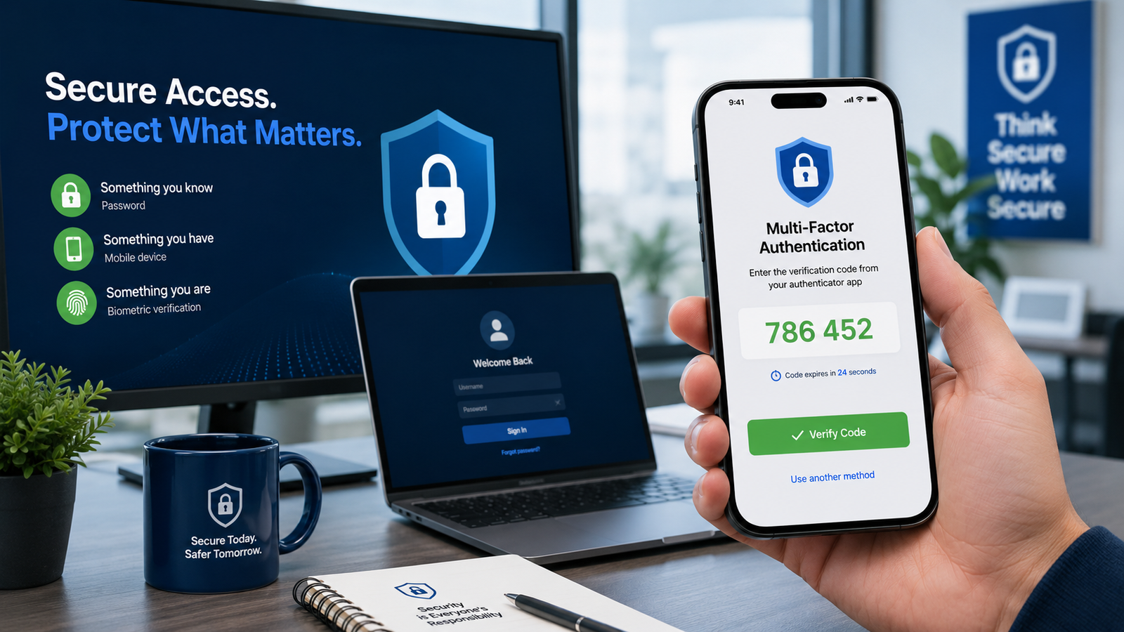 multi factor authentication on smartphone with shield icon and security symbols