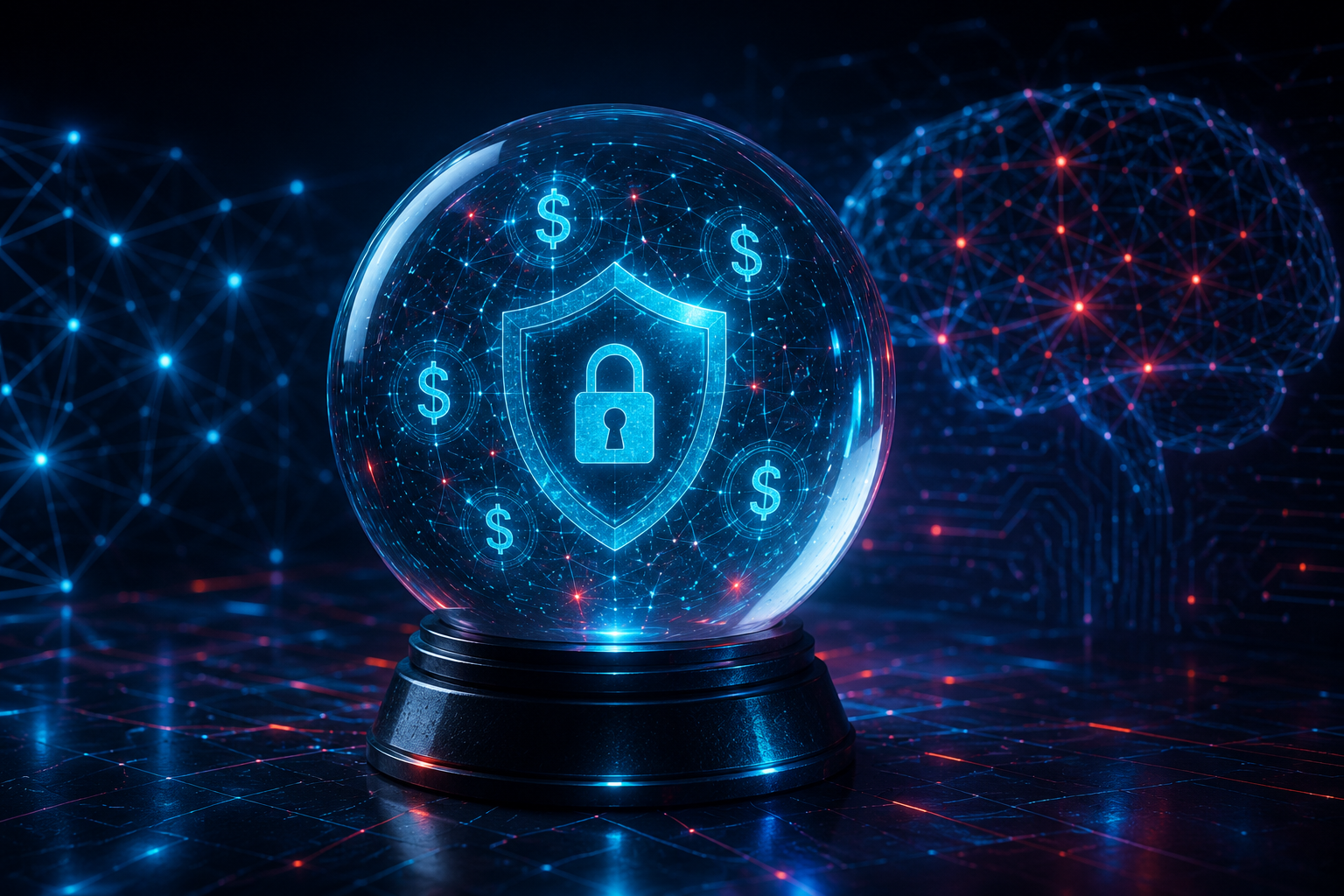 futuristic hologram showing dollar signs and cyber shield with neural network background