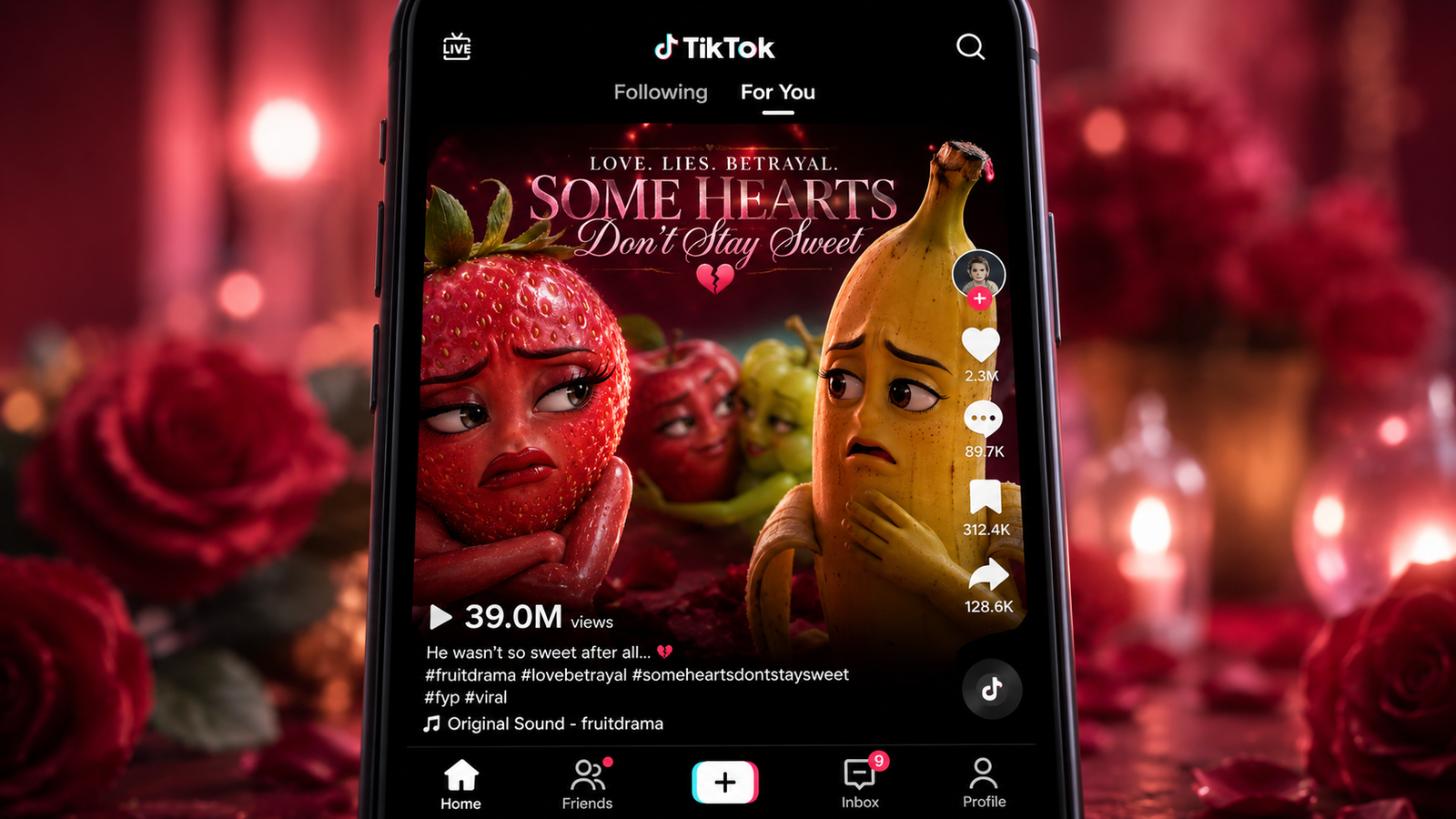 TikTok screen showing 39 million views on fruit drama video