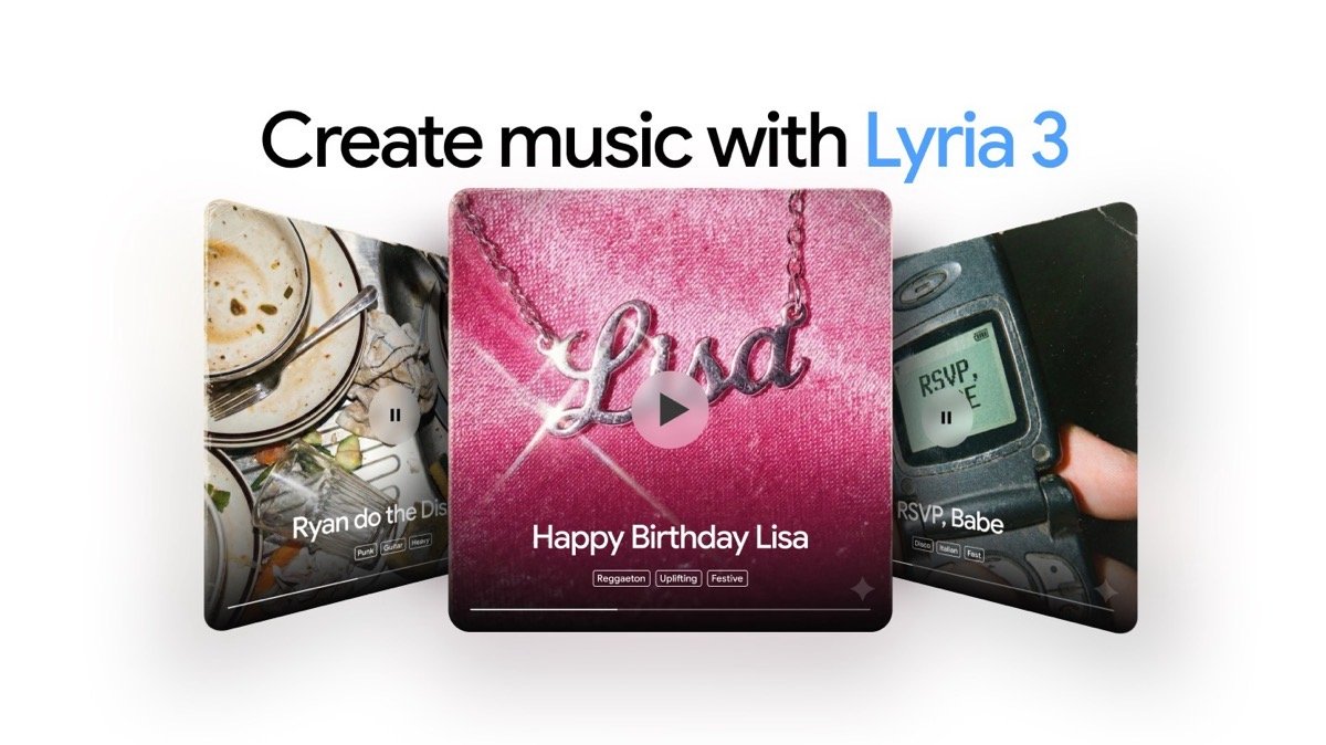 Gemini app showing music creation with Lyria 3 and video generation options