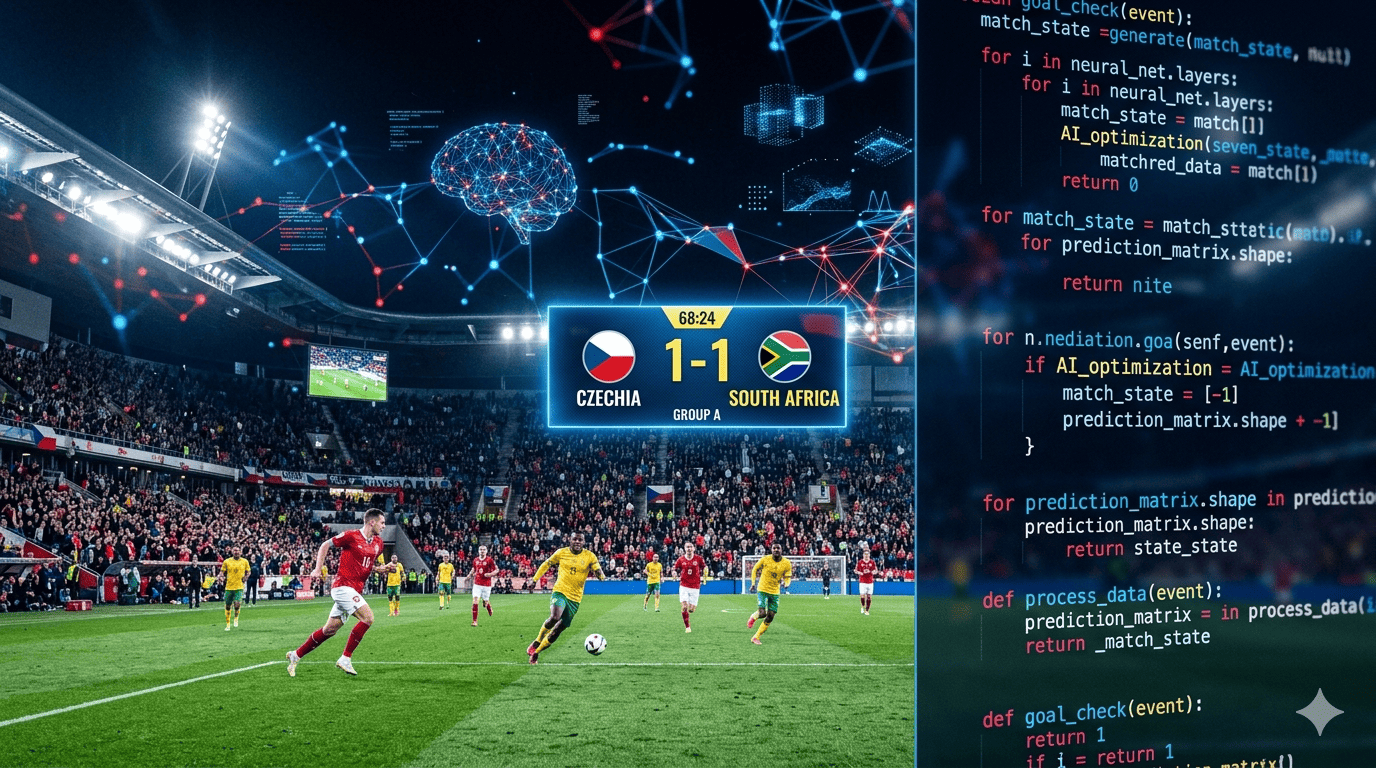 football stadium scoreboard showing Czechia 1-1 South Africa with AI neural network background