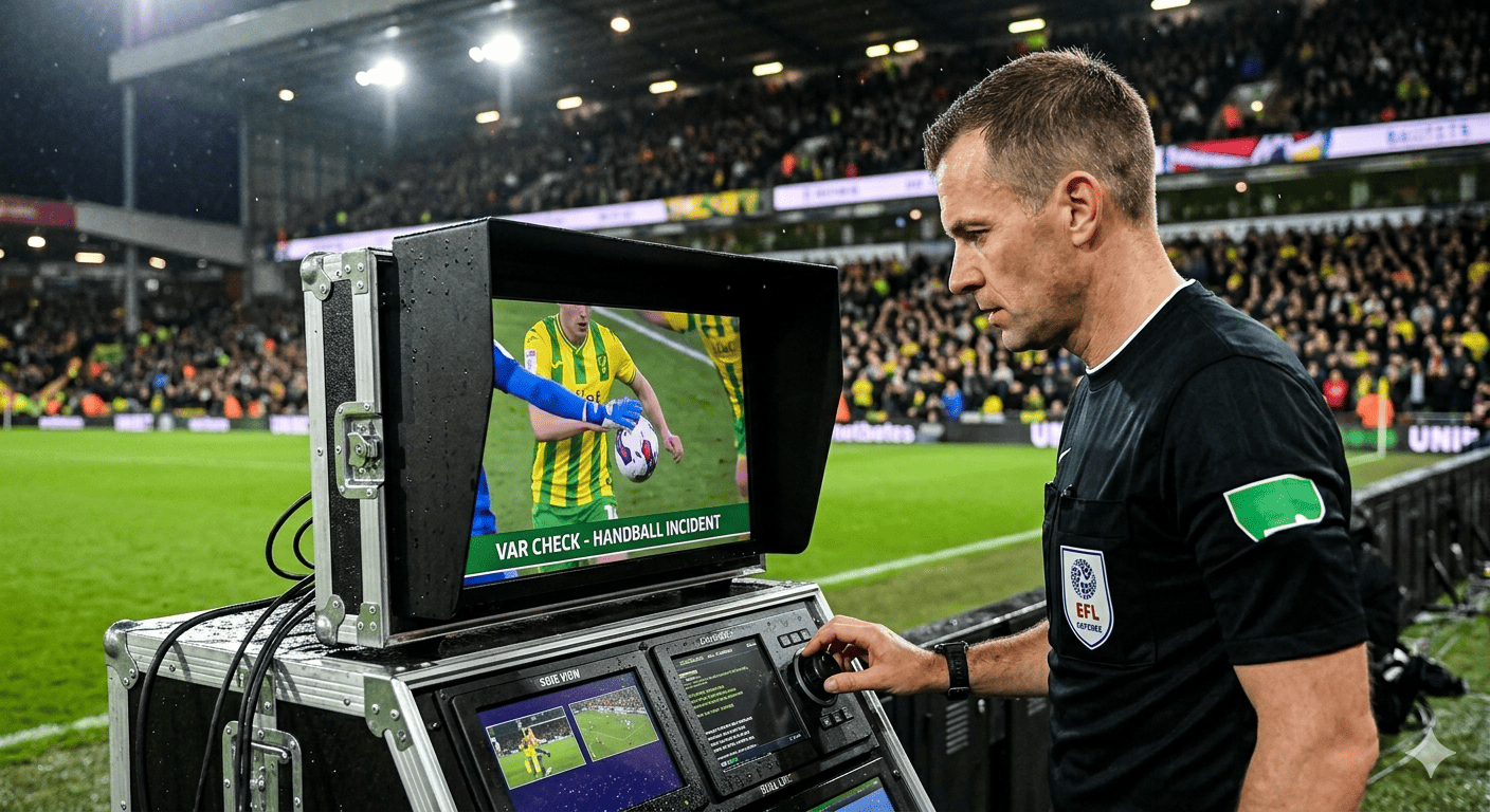 referee looking at VAR monitor showing handball incident
