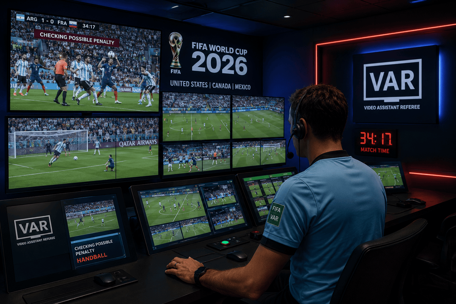 VAR room at World Cup 2026 showing multiple screens with match footage
