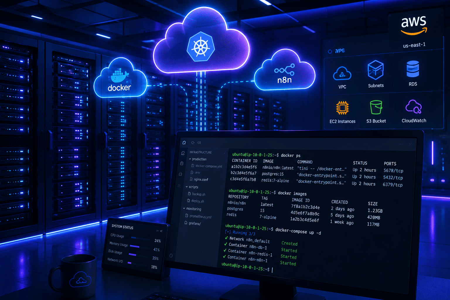 server rack with cloud icons and terminal showing docker commands