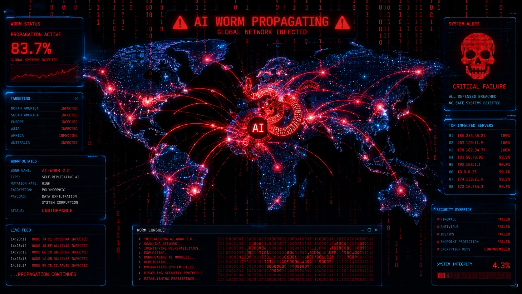 digital visualization of AI worm spreading across global network
