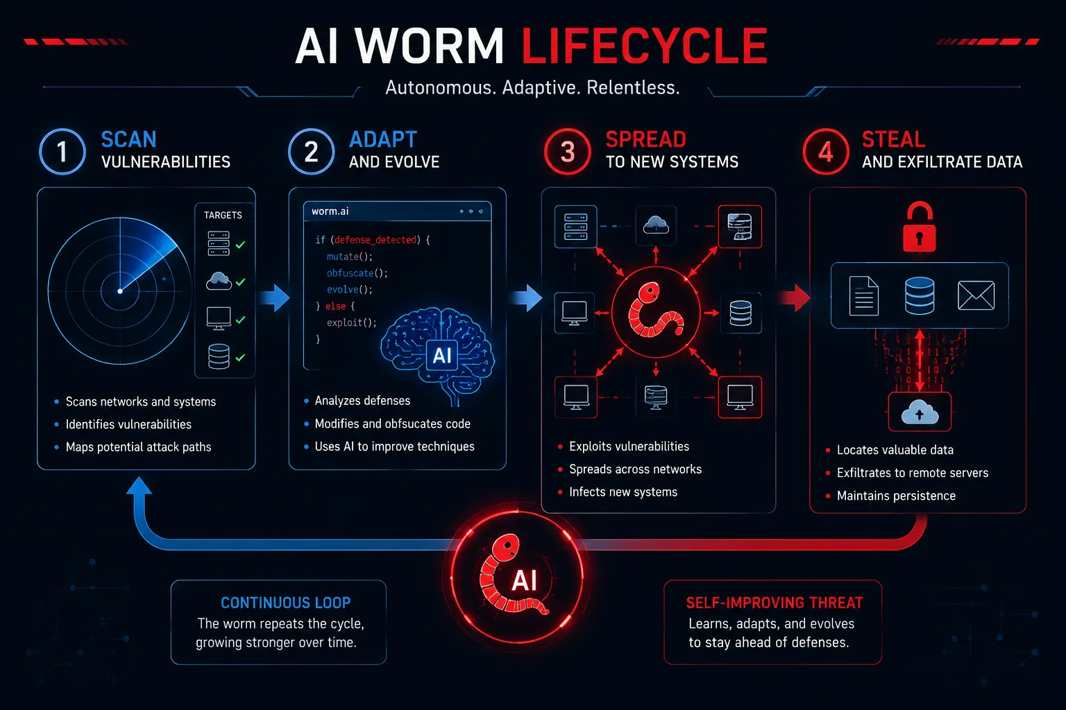 diagram showing AI worm lifecycle scanning vulnerabilities and adapting