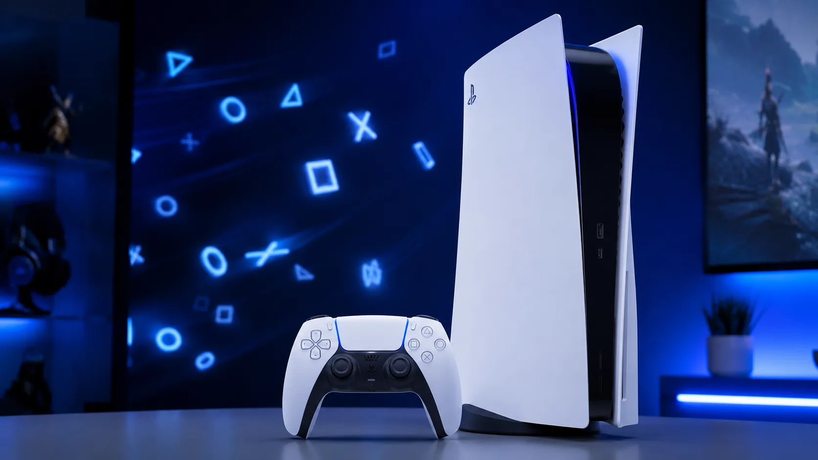 PlayStation 5 console with DualSense controller and blue neon lighting