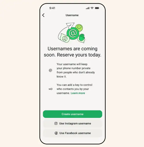 WhatsApp username reservation interface showing Settings Account Username