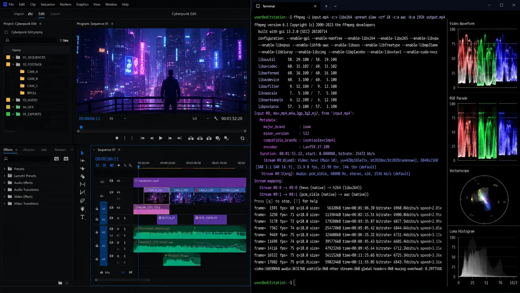 FFmpeg terminal with video waveforms and code scrolling