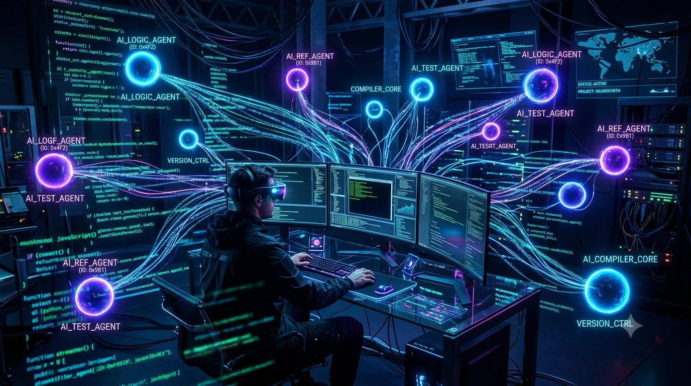 AI agents connected to developer workstation in futuristic software development environment