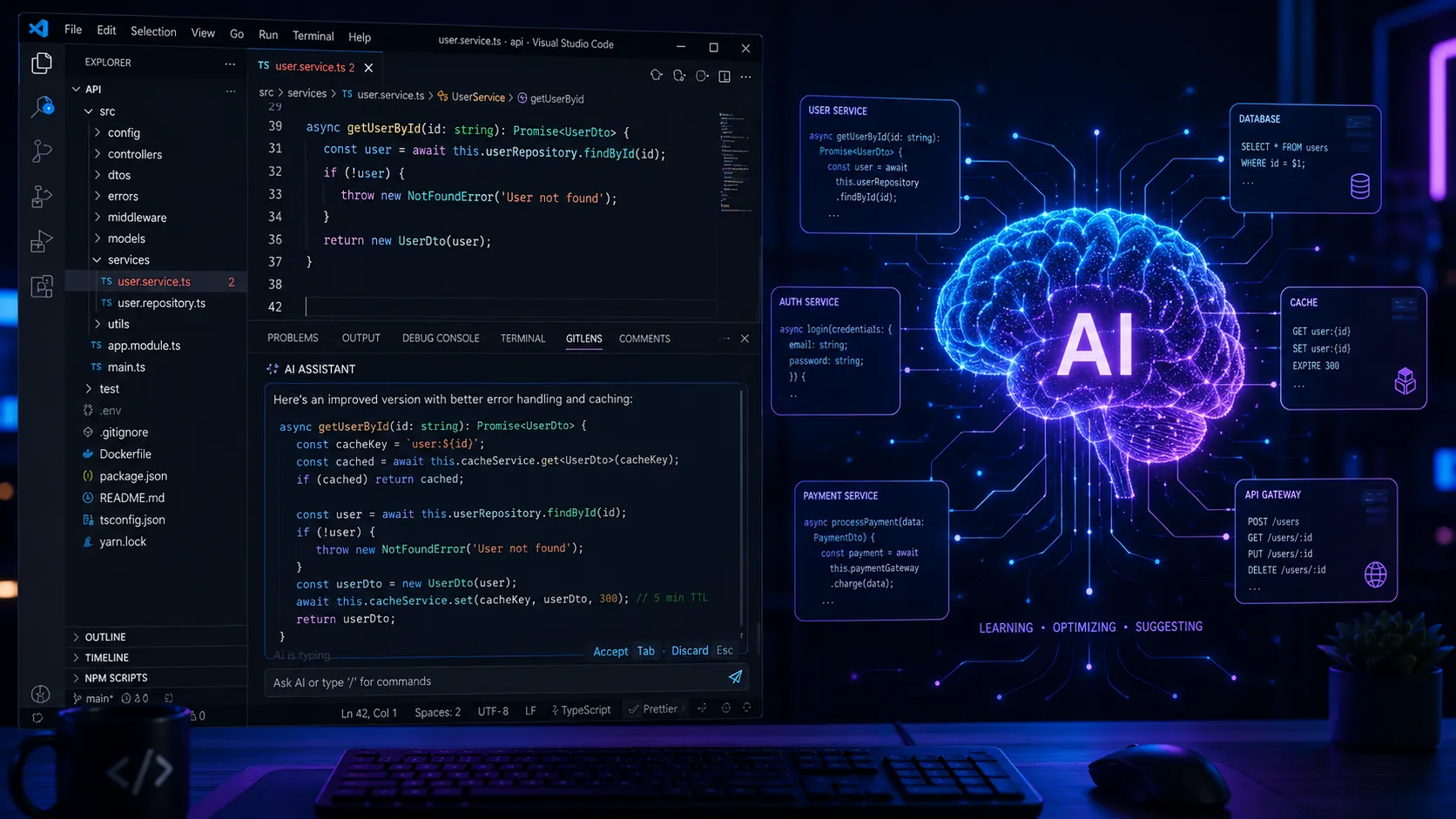 Developer workspace with AI coding assistant suggesting code in VS Code