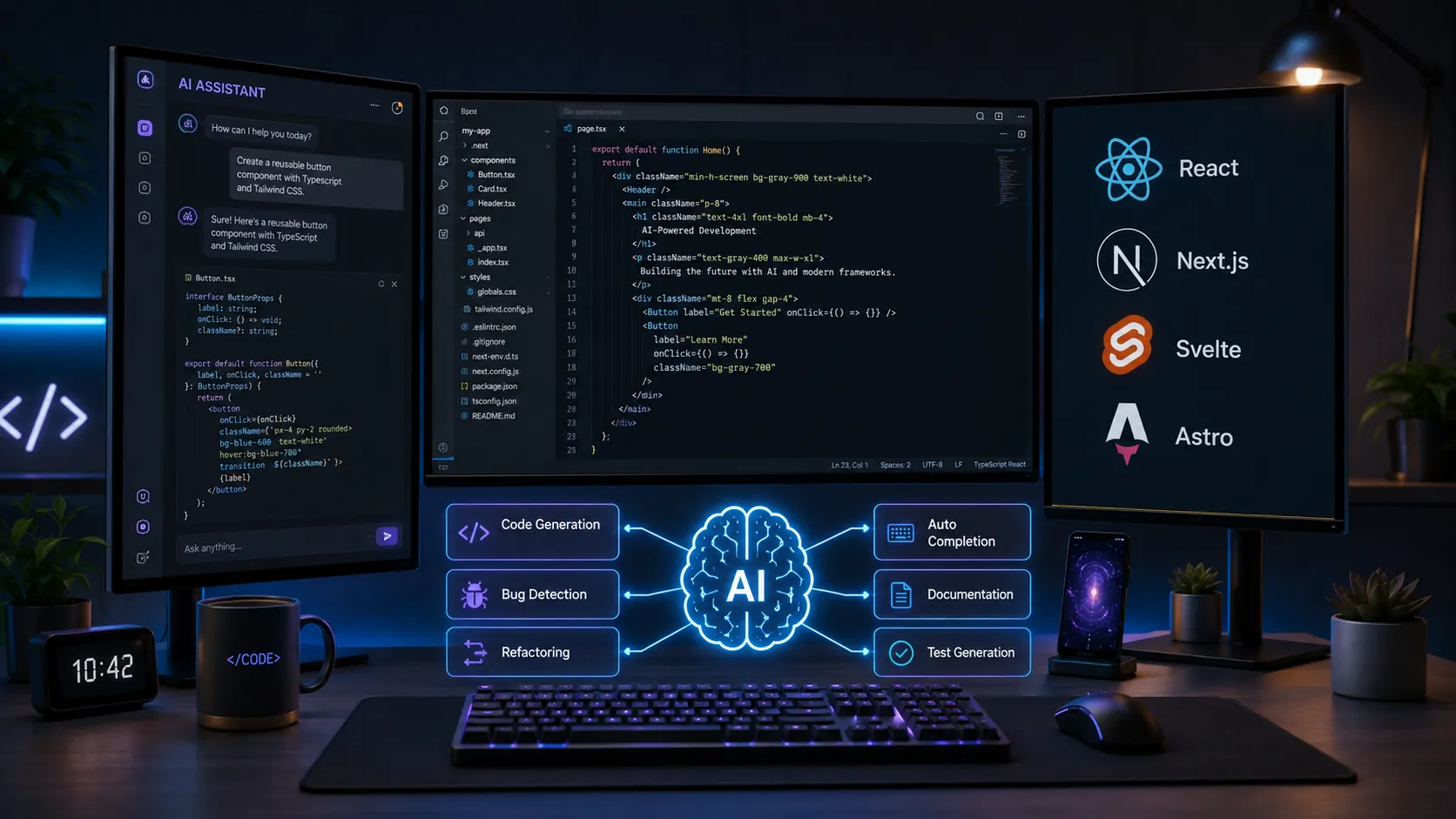 Modern developer workspace with AI assistant and framework logos