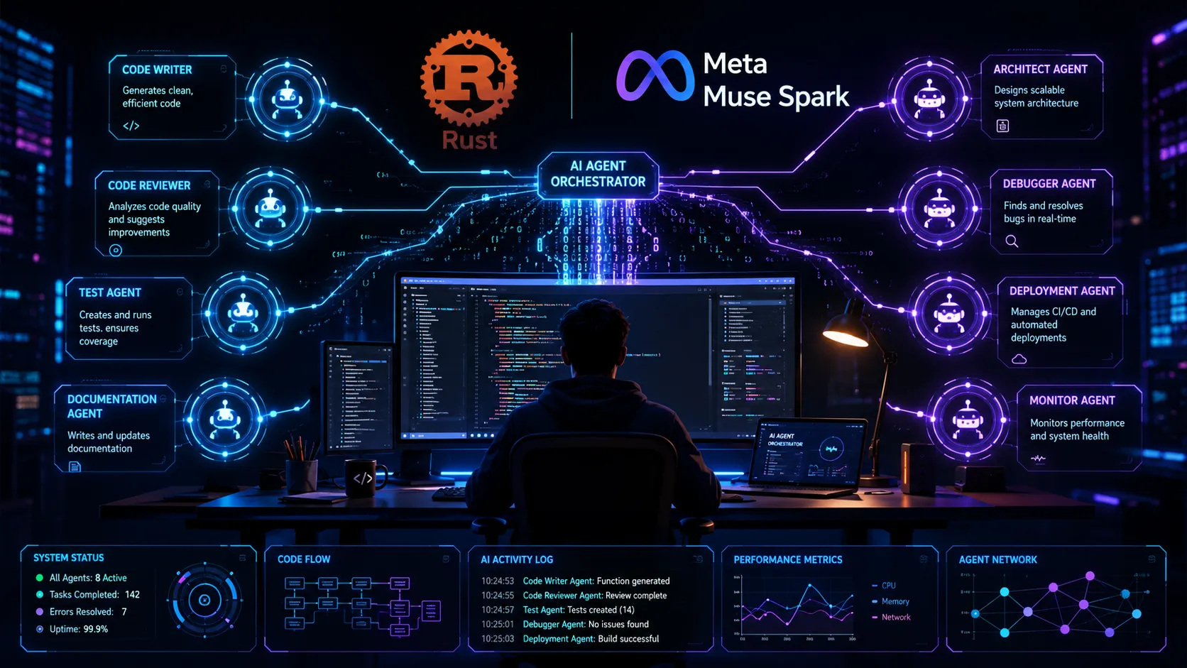 AI agents connected to developer workstation in futuristic software development environment