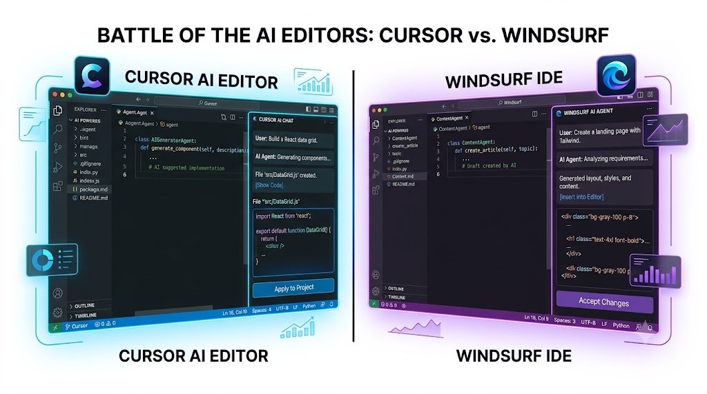 Cursor and Windsurf AI-native code editors side by side
