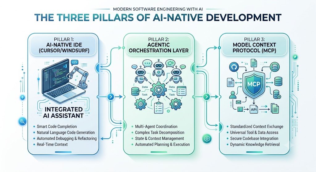 Three pillars of AI-native development: AI-Native IDE, Agentic Orchestration Layer, Model Context Protocol