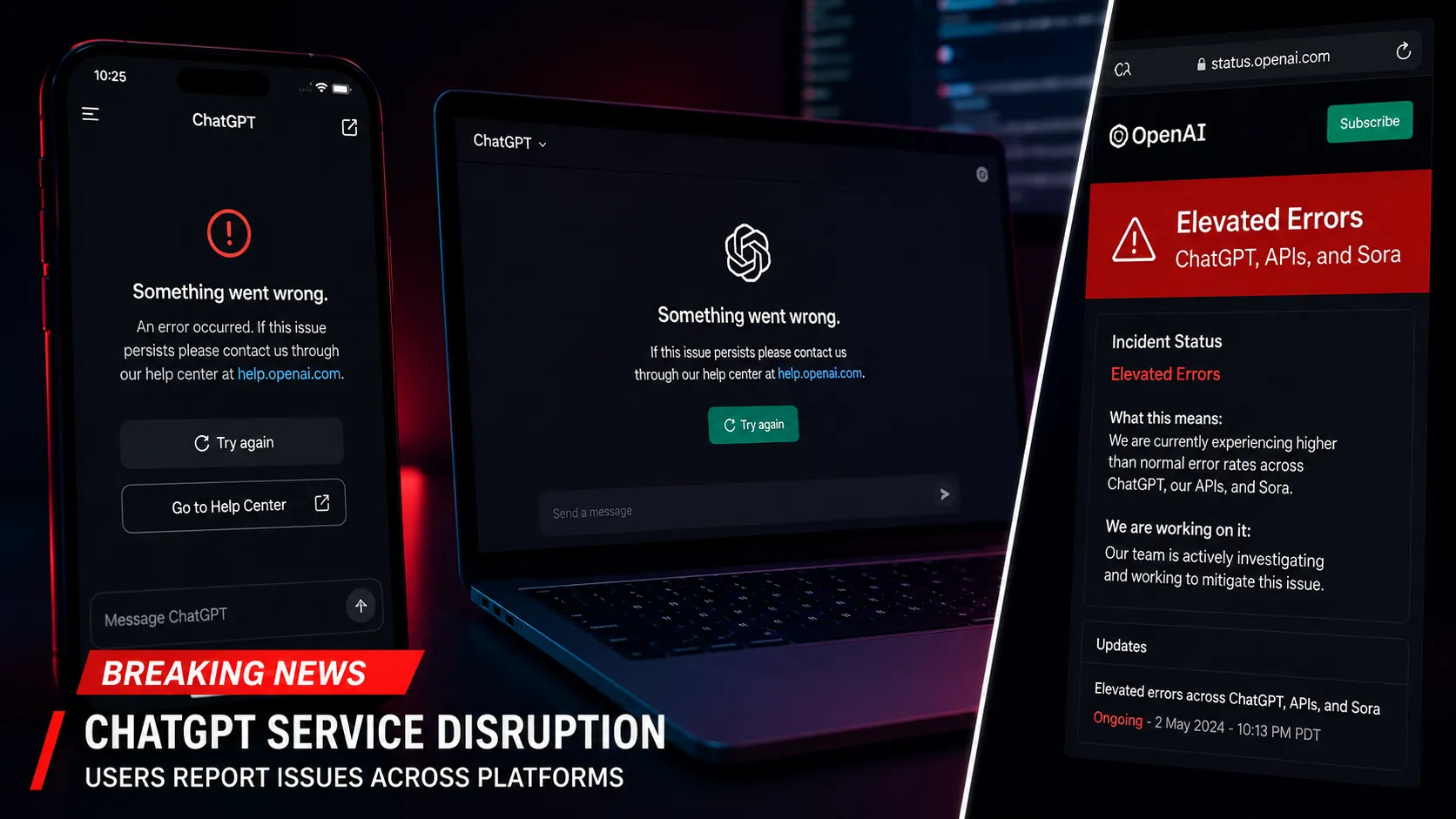 ChatGPT error messages on laptop and smartphone screens