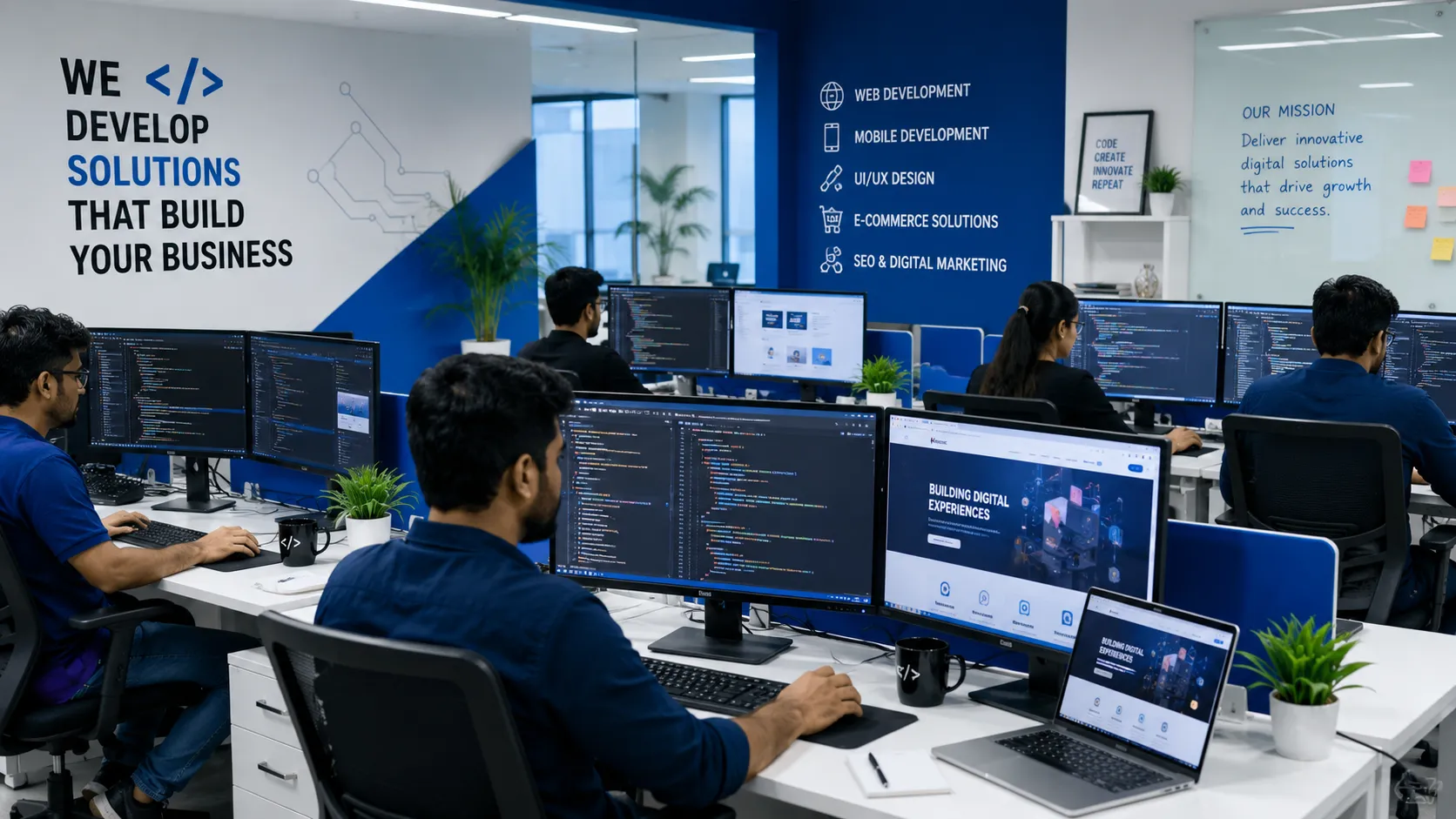 Modern web development office with developers working on code and website designs