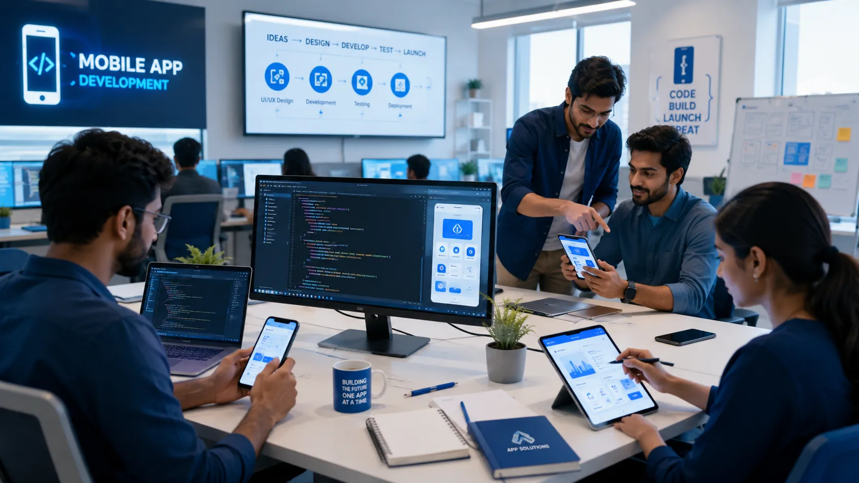 Mobile app development team working on smartphones and tablets in modern office