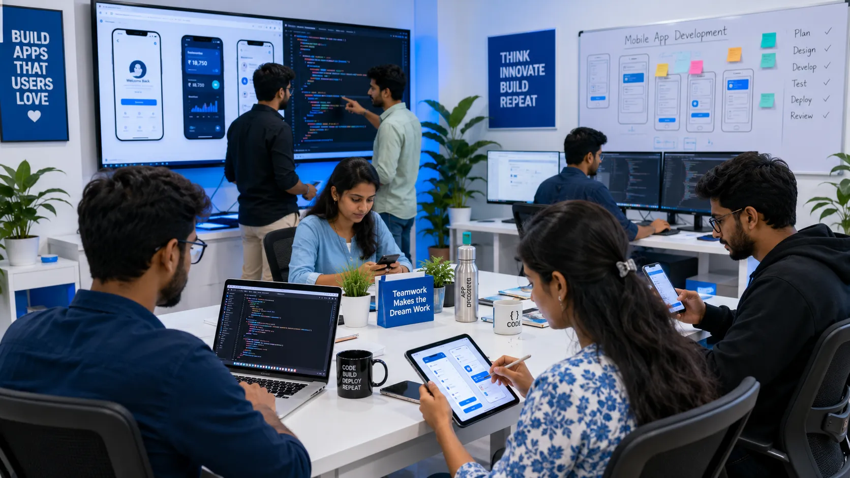 Mobile app development team working on smartphones and tablets in modern Indian office