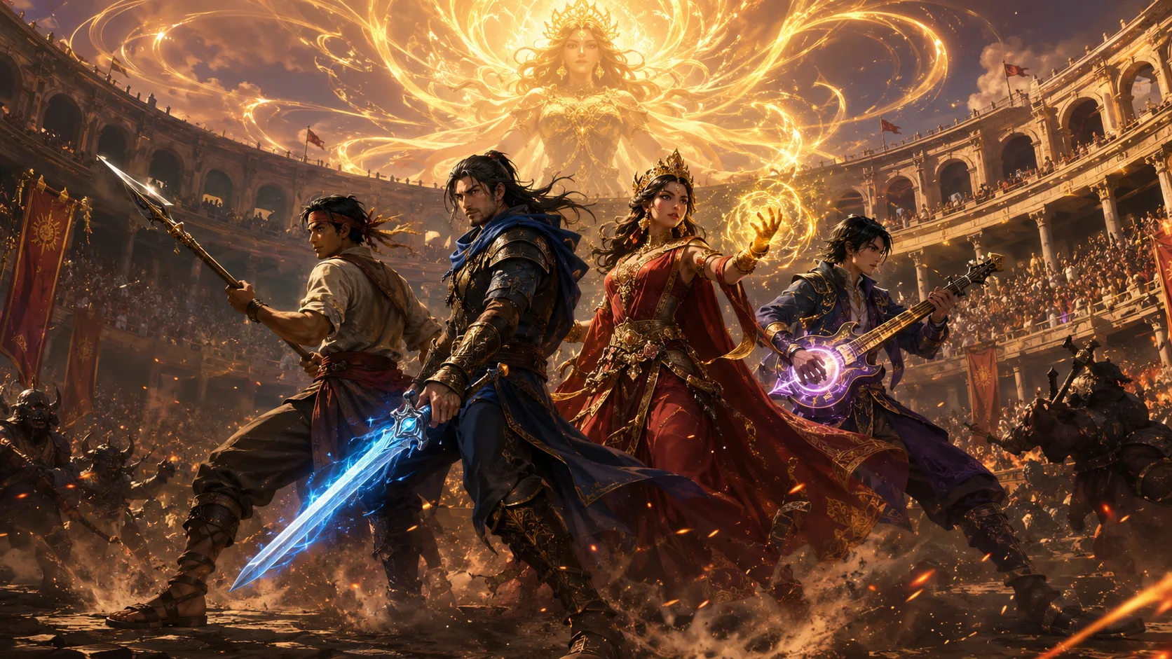 Four heroes of Fire Emblem Fortune's Weave standing in epic fantasy arena