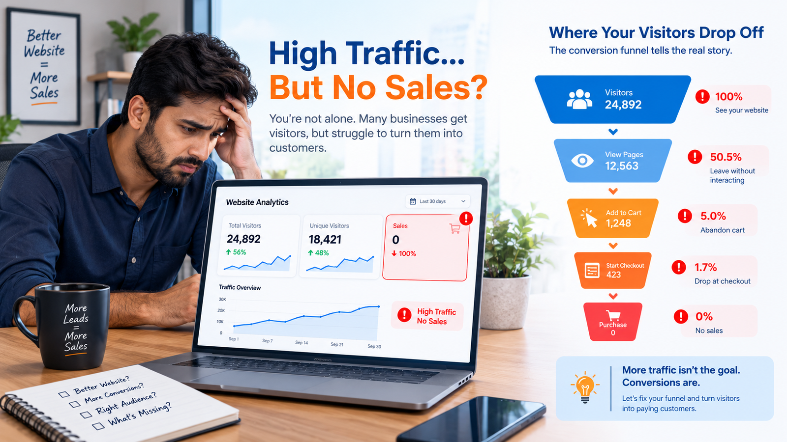 Business owner frustrated with high website traffic but zero sales on analytics dashboard